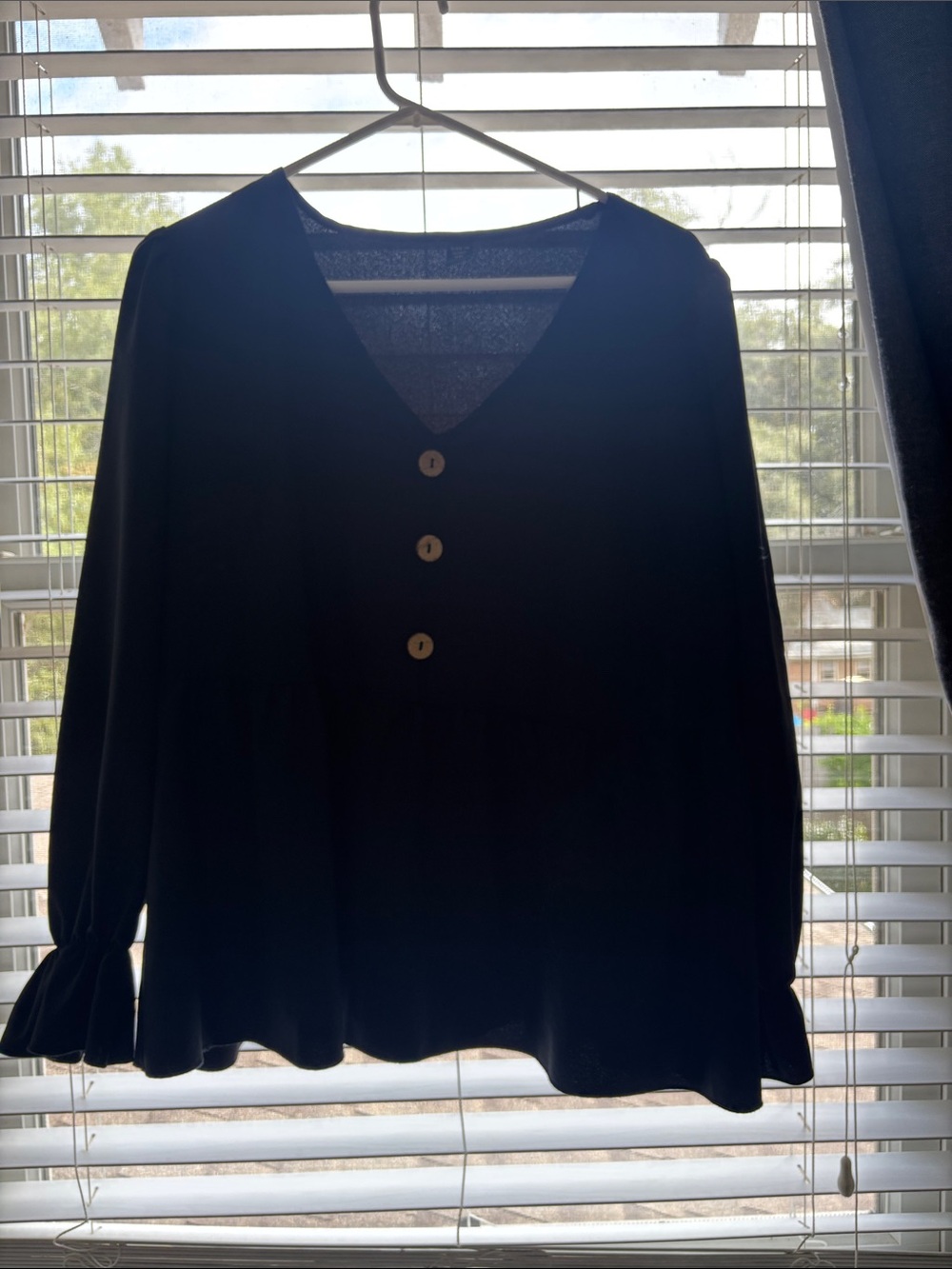 SHEIN Black V-Neck Button Front Peplum Long Sleeve Top